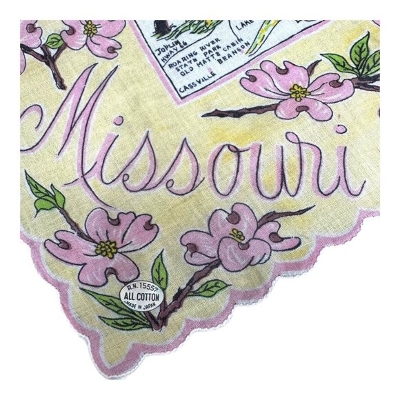 Vintage Missouri State Souvenir Handkerchief Illustrated Map Pink Dogwood Floral - Picture 2 of 6